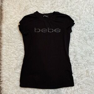 Bebe Womens Black Silver Metallic Logo Graphic T-Shirt Short Sleeve Size M